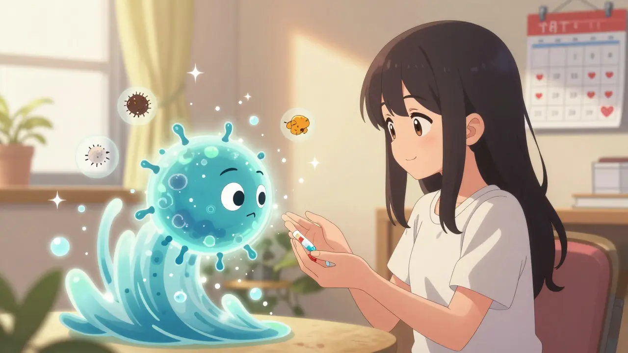A girl takes allergy tablets while cartoon immune cells bow to her, allergens fading into sparkles around her.
