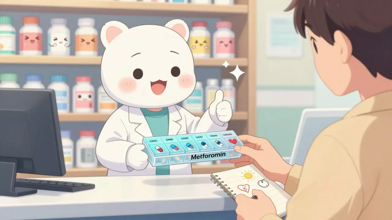 A pharmacist handing a colorful pill organizer to a patient with friendly medicine bottles in the background.
