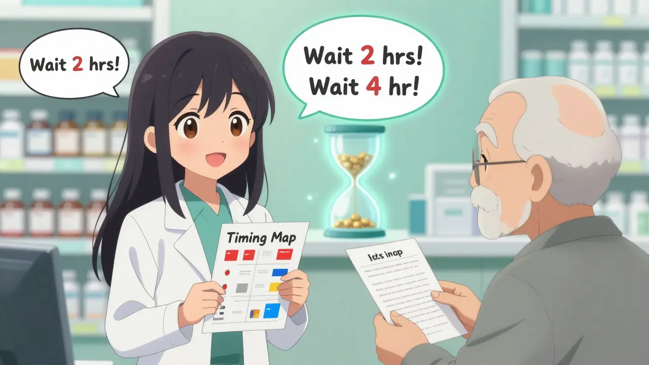 A pharmacist handing a printed timing guide to an elderly patient with colorful time icons floating nearby.