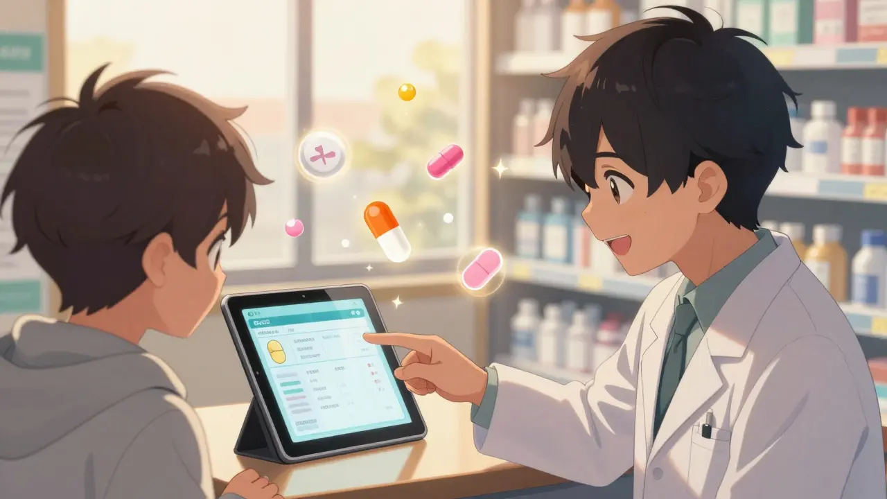A pharmacist shows a patient a digital pill identifier on a tablet, surrounded by colorful pill icons.