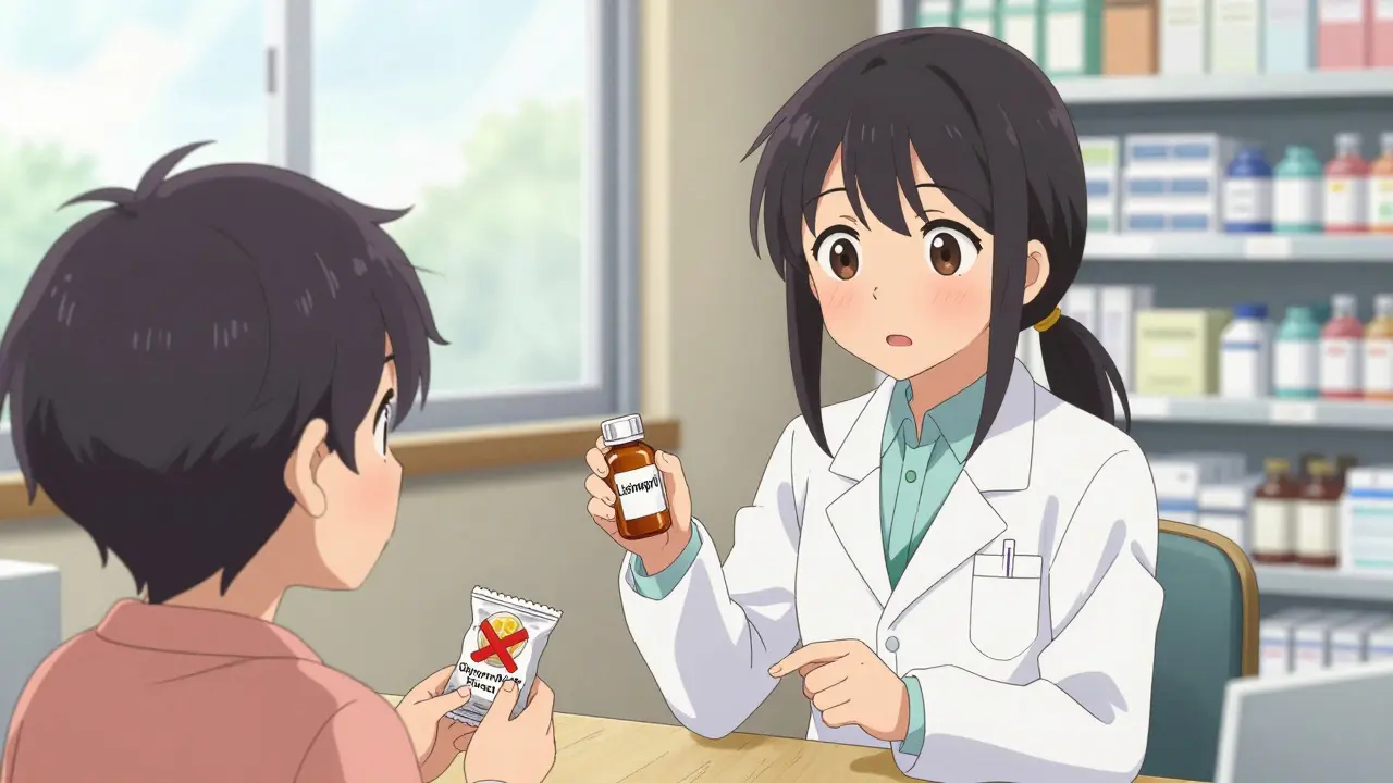 A pharmacist warning a patient about licorice interacting with blood pressure medication.