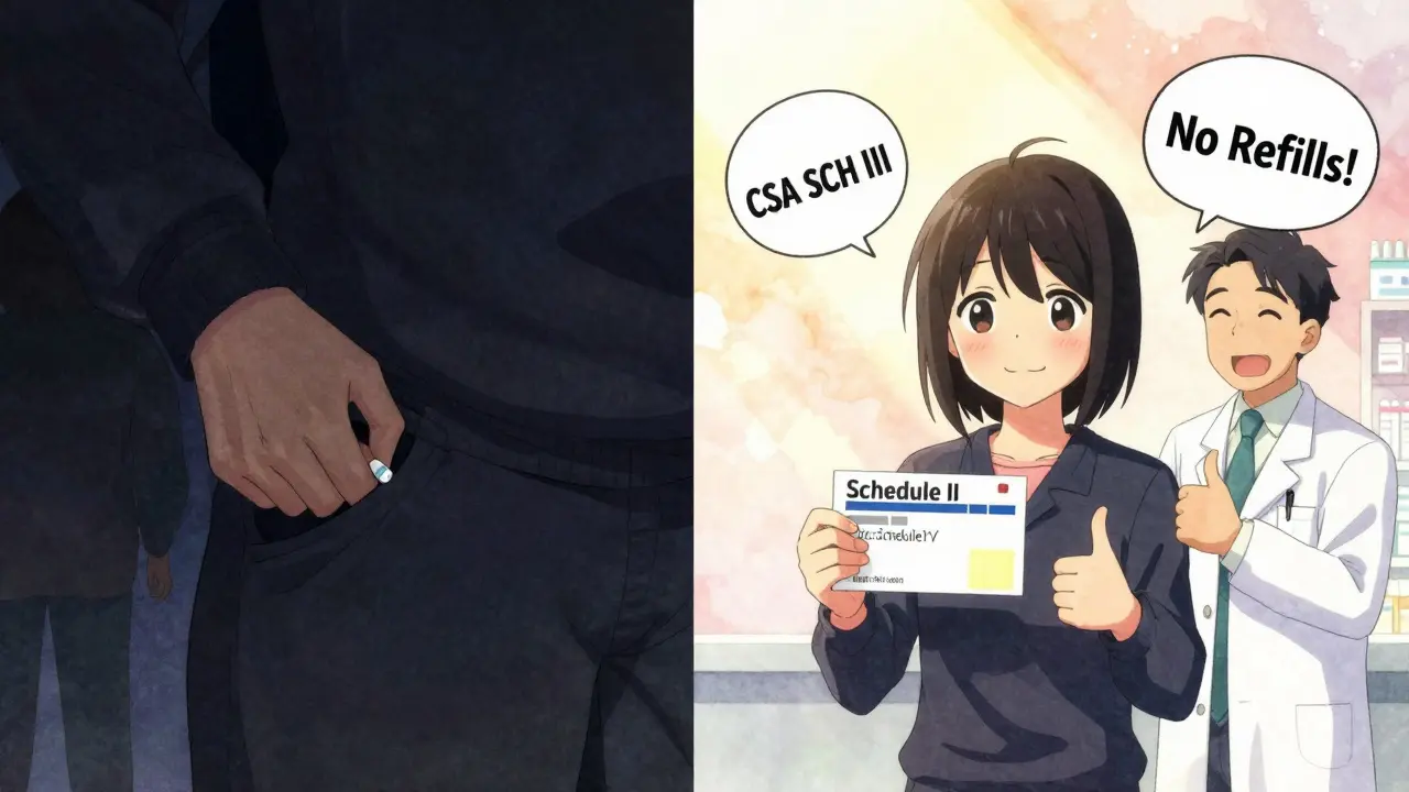 A split scene showing the contrast between hiding a controlled drug and safely receiving a legal prescription.