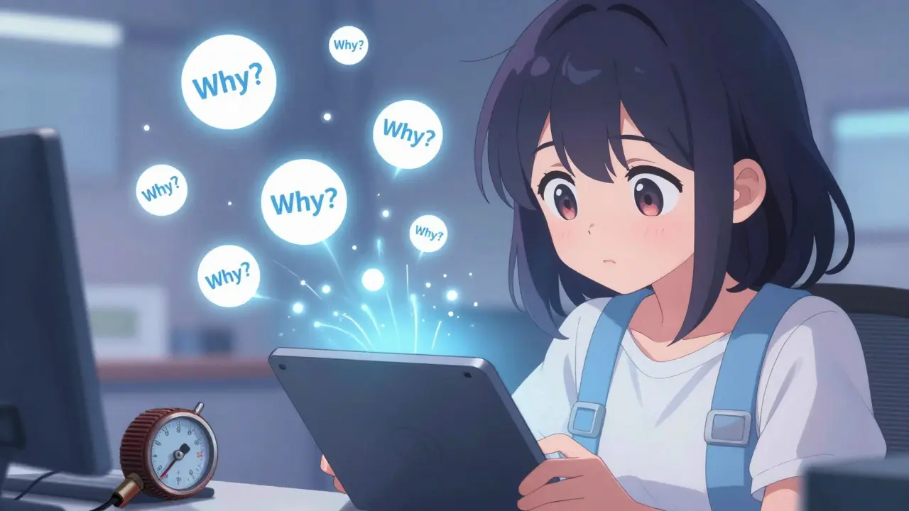 A technician watches animated '5 Whys' questions float around her tablet as she identifies a machine issue.