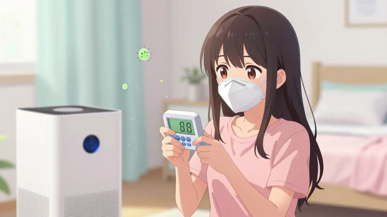 A teen girl checks indoor humidity with a hygrometer in a clean room, HEPA purifier running softly in the background.