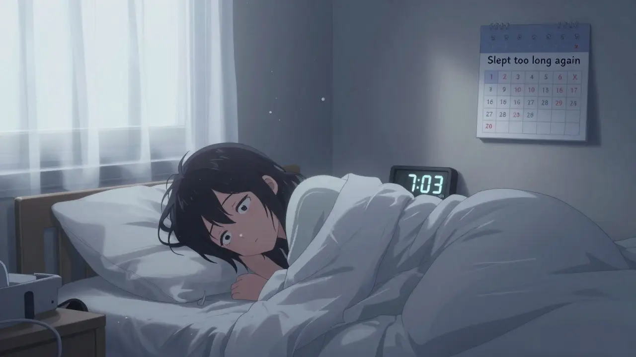 A teenager lying awake in bed at dawn, staring blankly, with a calendar marked with missed days.