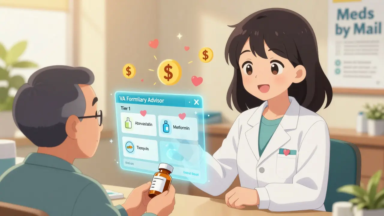 A VA pharmacist hands a prescription to a veteran as floating drug icons appear nearby.