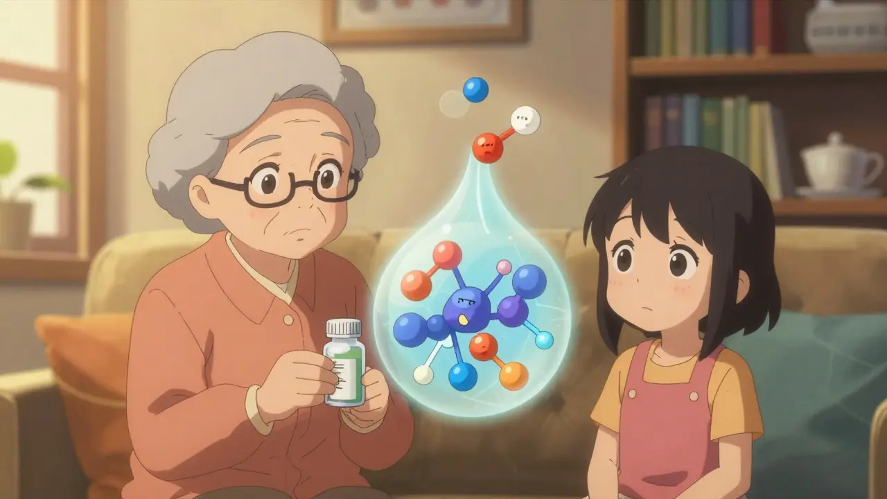 An elderly woman and her granddaughter looking at a floating diagram of blood proteins and drug levels in a cozy home.