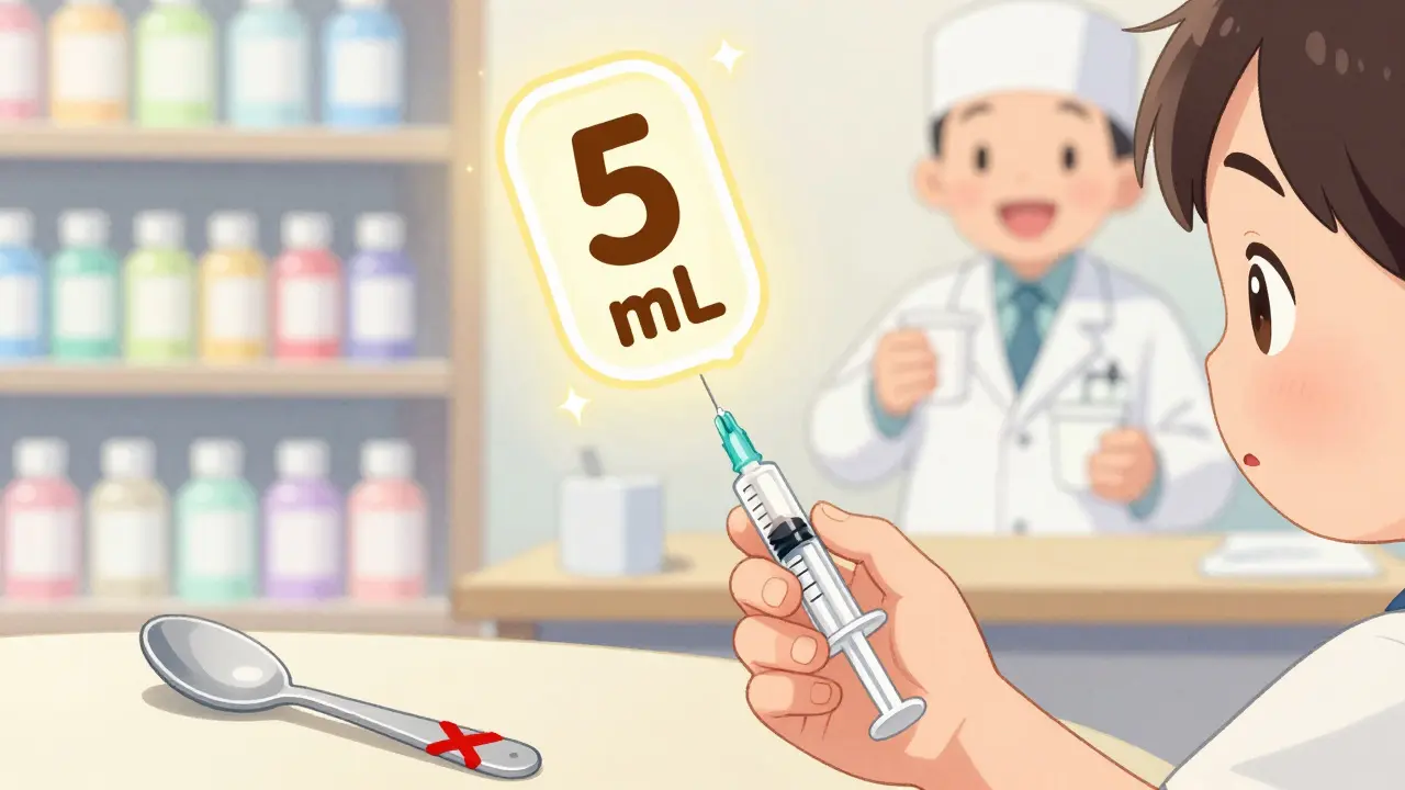 Child using pharmacy syringe to measure liquid medicine, kitchen spoon discarded.