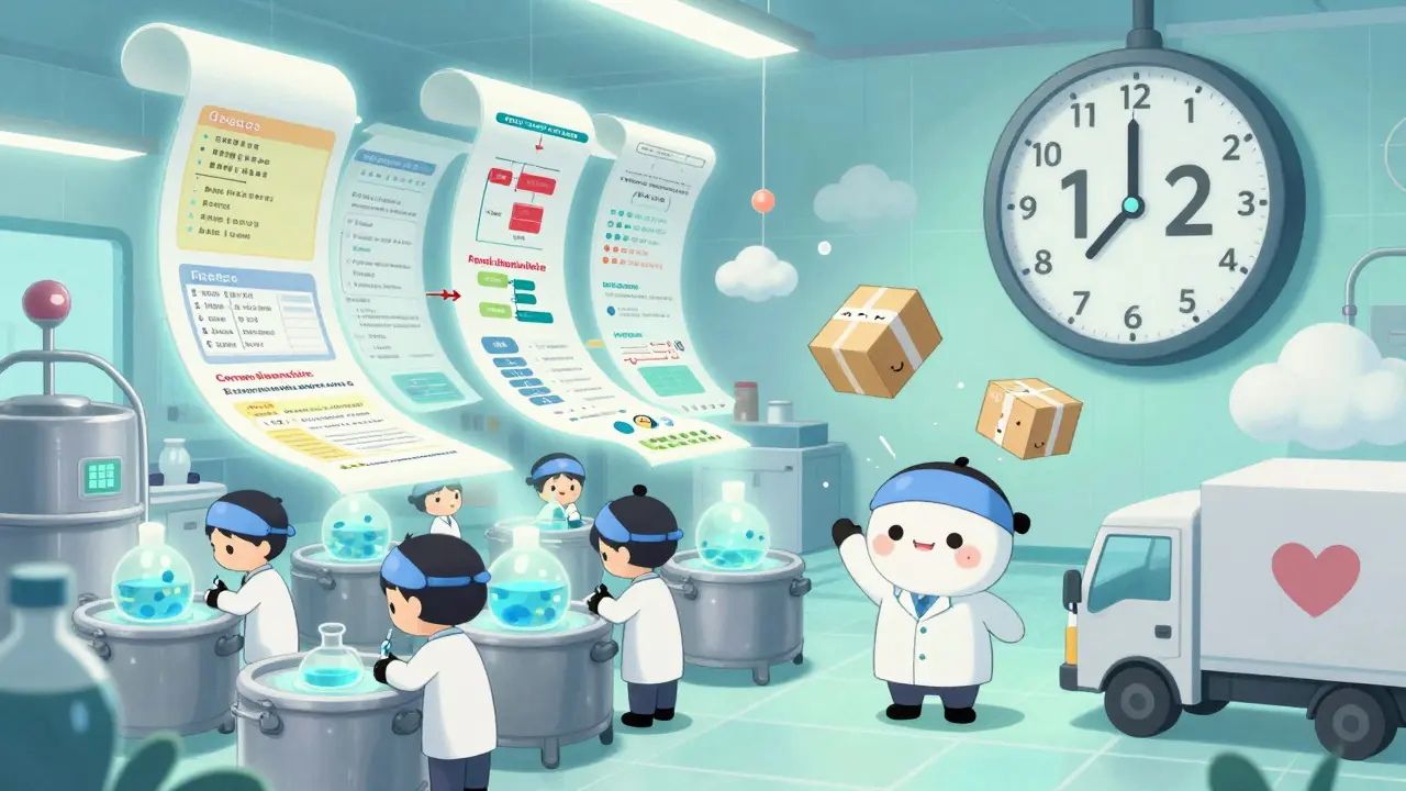 Cute workers in a lab monitor medicine production with floating data scrolls and a 112-day clock.