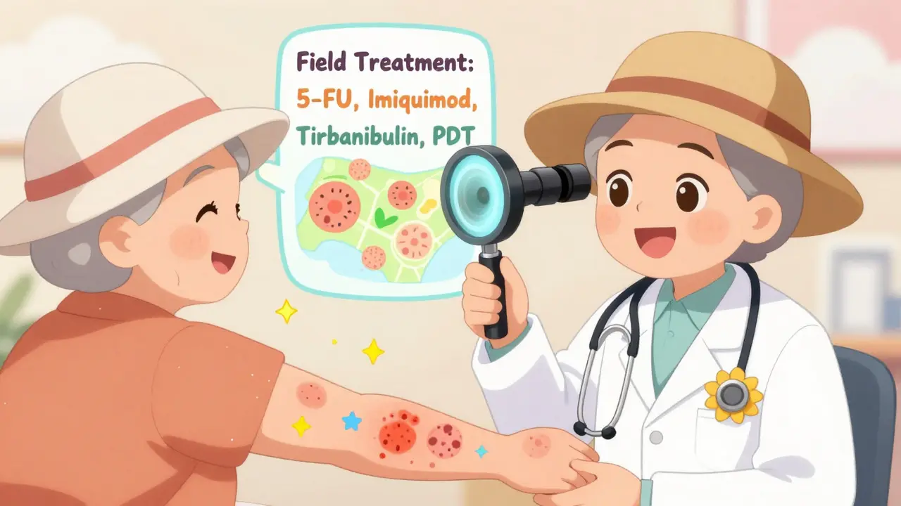 Dermatologist using a sunflower-shaped dermatoscope to show sun-damaged skin with glowing AK lesions.