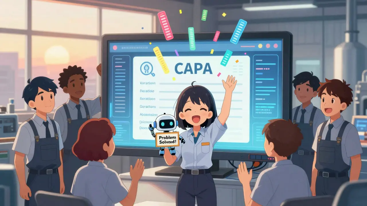 Factory workers celebrate as a blockchain CAPA record is verified, with data confetti rising in the air.