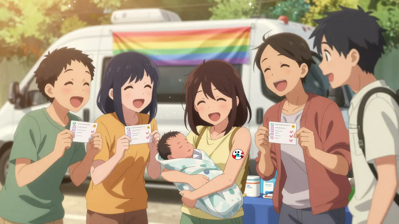 Friends at a community health fair celebrating a newborn's hepatitis B vaccine.