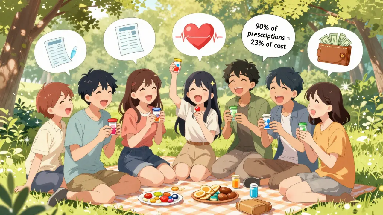 Friends laugh at a park picnic holding different generic pill containers, with symbols of savings and health floating nearby.
