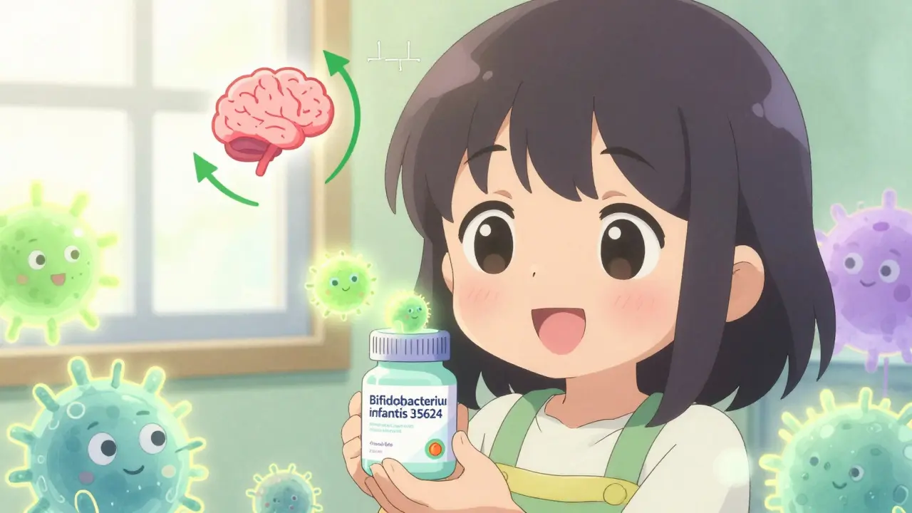 Girl holding a probiotic jar with friendly microbes, surrounded by serotonin symbols in pastel tones.