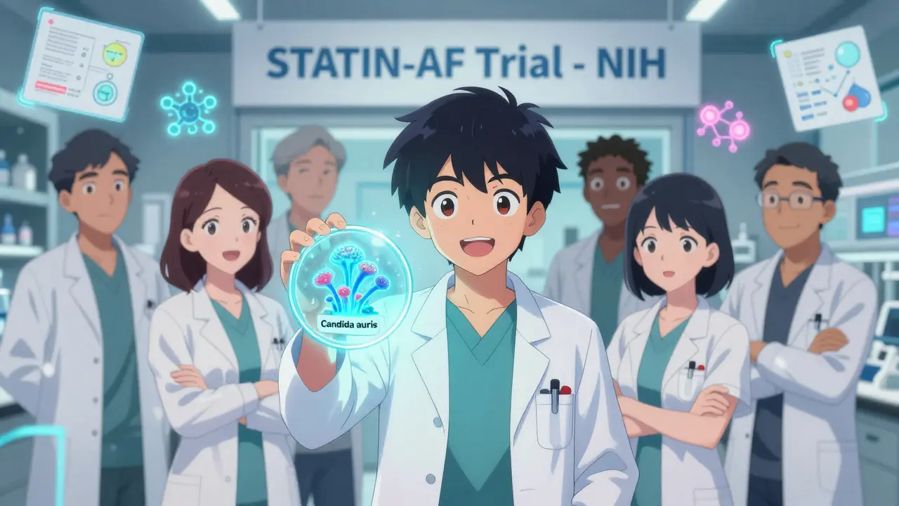 Medical researchers studying glowing fungus with a statin pill emitting blue light.