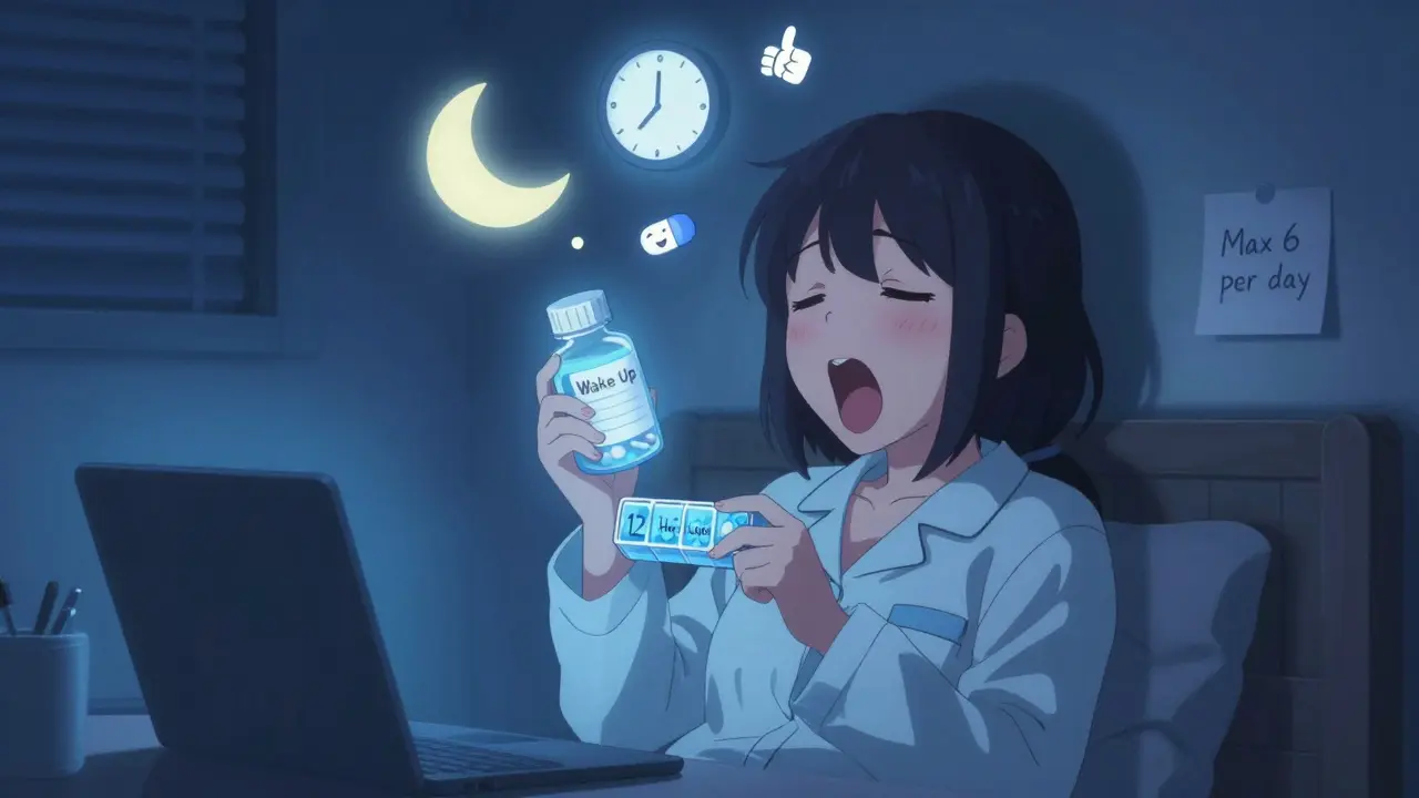 Night-shift worker using pill organizer labeled for wake-up and 12-hour doses.