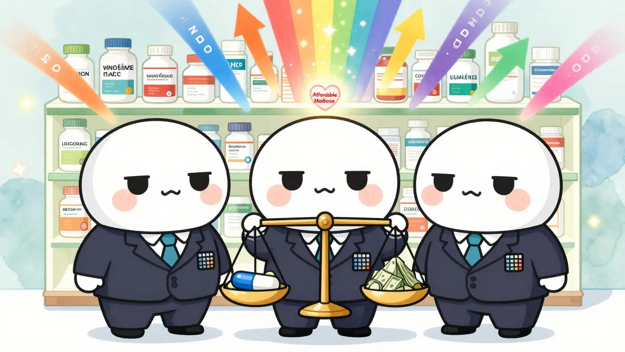 PBMs balance generic drugs against money as discount arrows rain down on a filling pharmacy shelf.