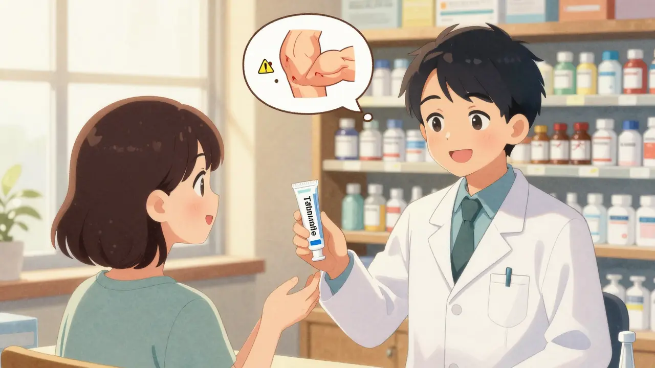 Pharmacist giving topical antifungal cream to a patient in a warm, friendly setting.