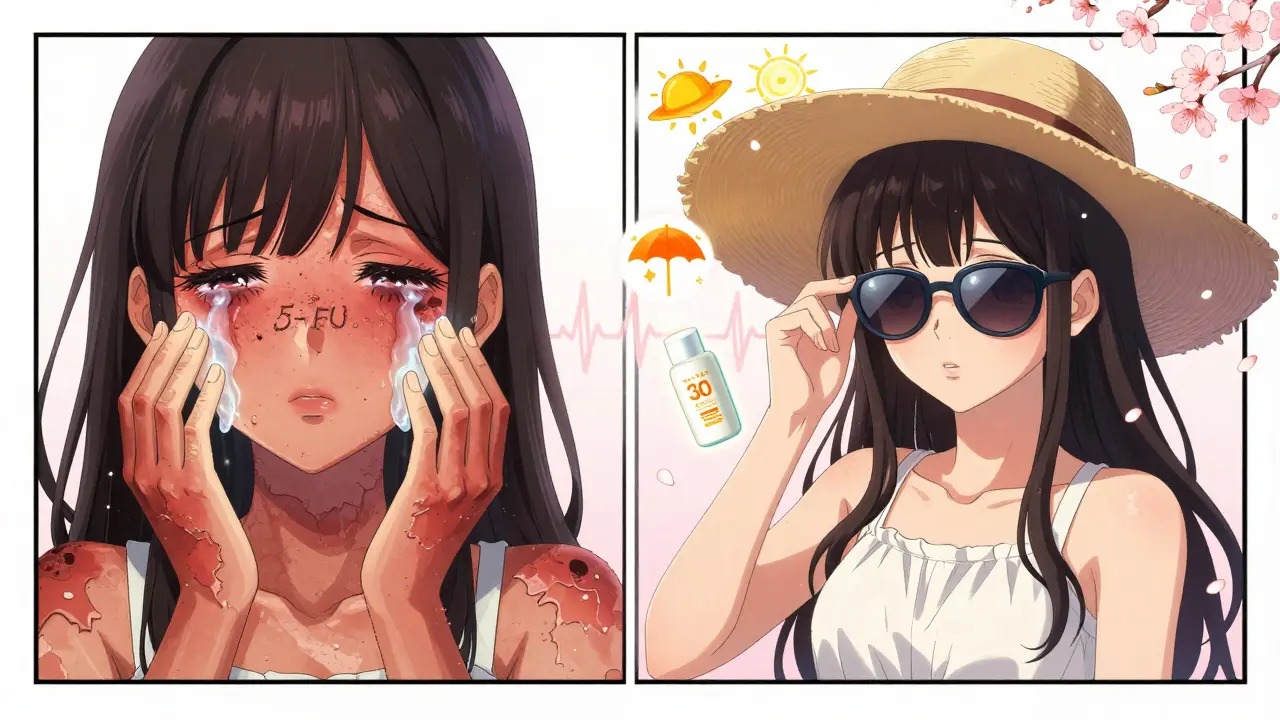 Split-panel anime scene: irritated skin transforming into smooth, sun-protected skin with SPF icons.
