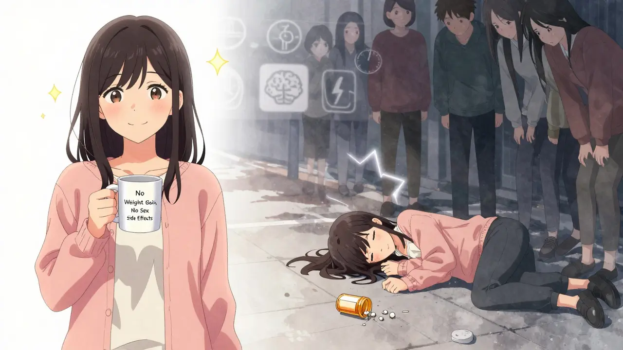 Split scene: happy woman with medication benefits on one side, collapsed with electric aura on the other.