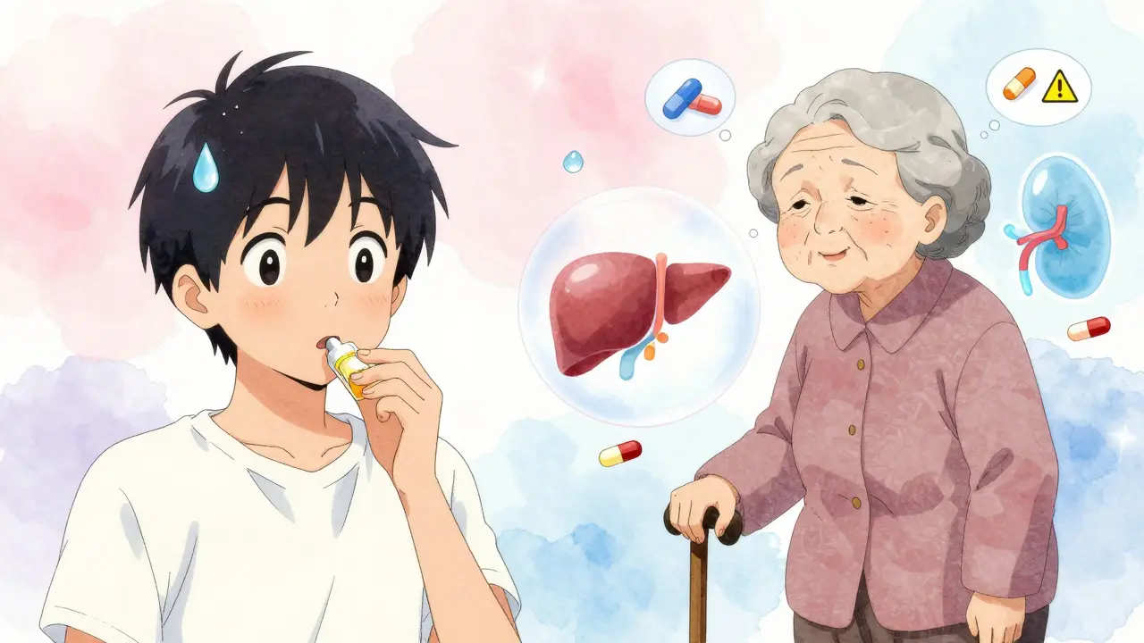 Split scene of a teen and elderly woman reacting differently to medication, with gene and organ icons floating nearby.