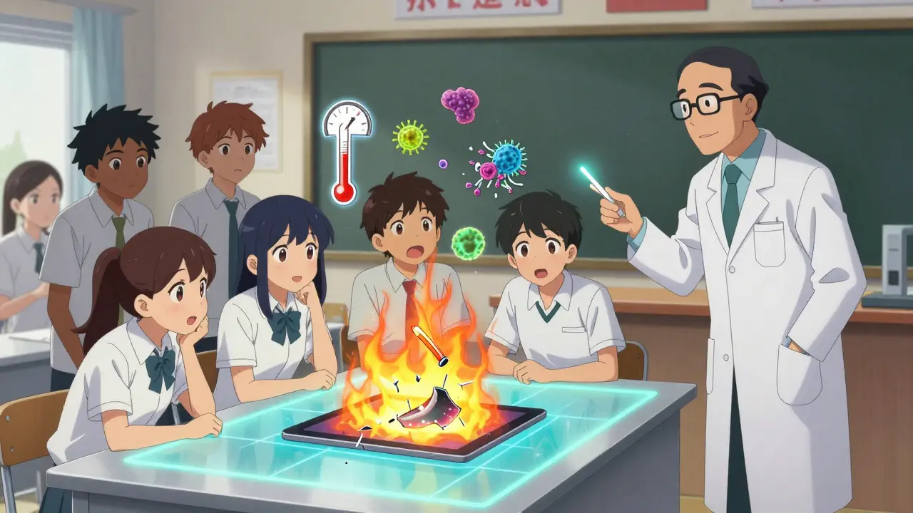 Students watch a glowing tablet degrade in a classroom lab, with floating icons of heat, humidity, and bacteria.