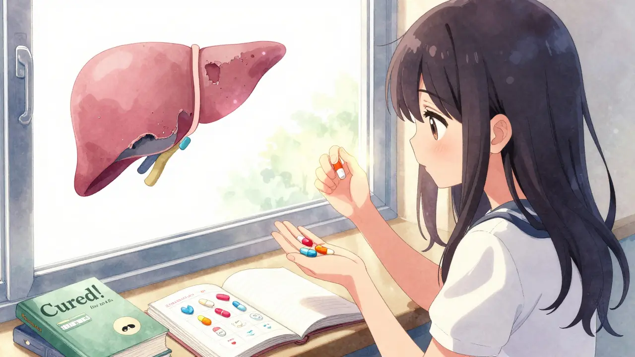 Teen girl taking pills with a healing liver visible outside her window.