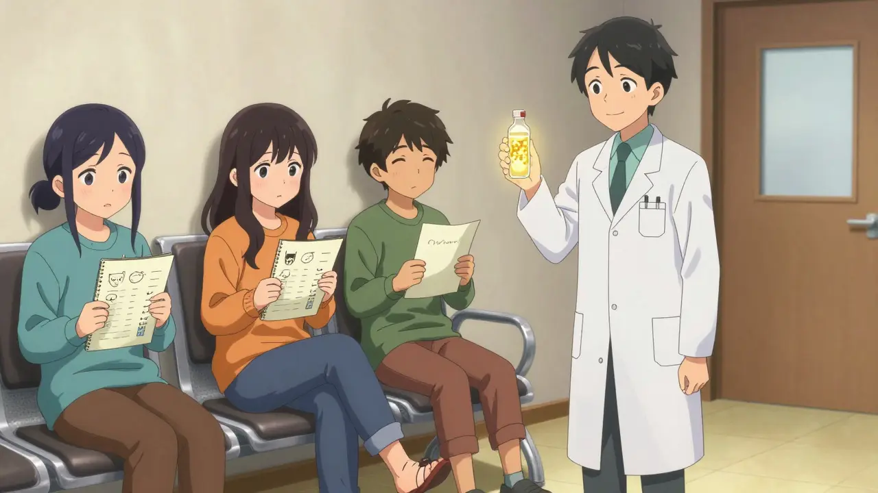 Teens in a sleep clinic waiting room, one holding a vial of glowing fluid as a doctor smiles kindly.