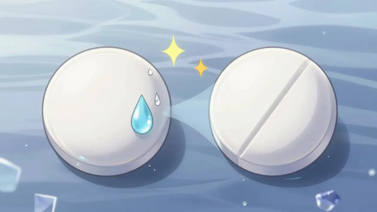 Two pills side by side—one pristine, one degrading—with moisture and warning sparks highlighting stability differences.