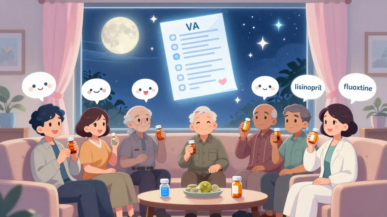 Veterans relax together with thought bubbles showing their affordable VA-covered medications.