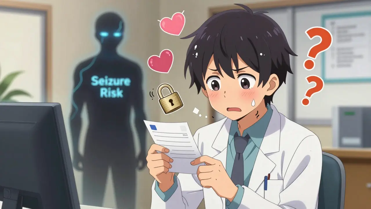 Young man in doctor's office overwhelmed by floating anxiety symbols and a looming seizure risk shadow.