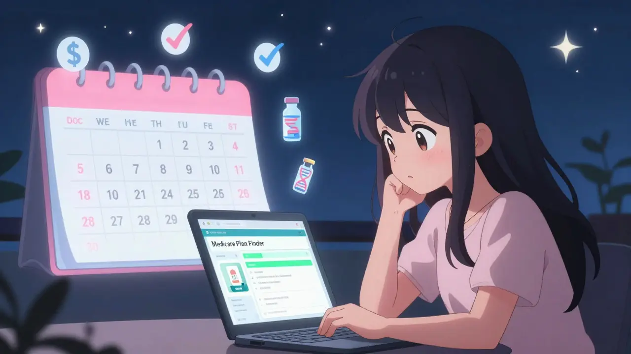 A girl using a laptop to compare insurance plans during open enrollment, with reform icons glowing around her.