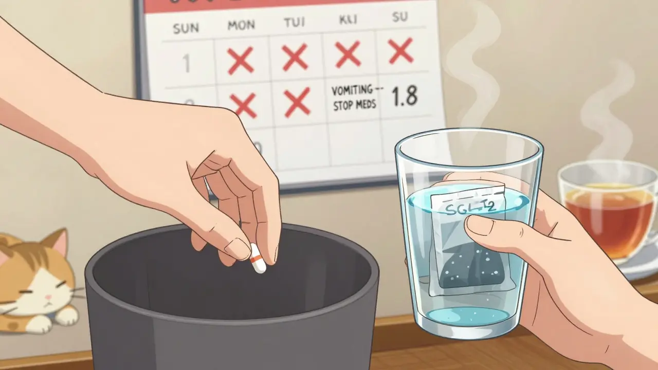 A hand discarding SGLT2 inhibitor pills while drinking electrolyte water, with a calendar marked for sick days.