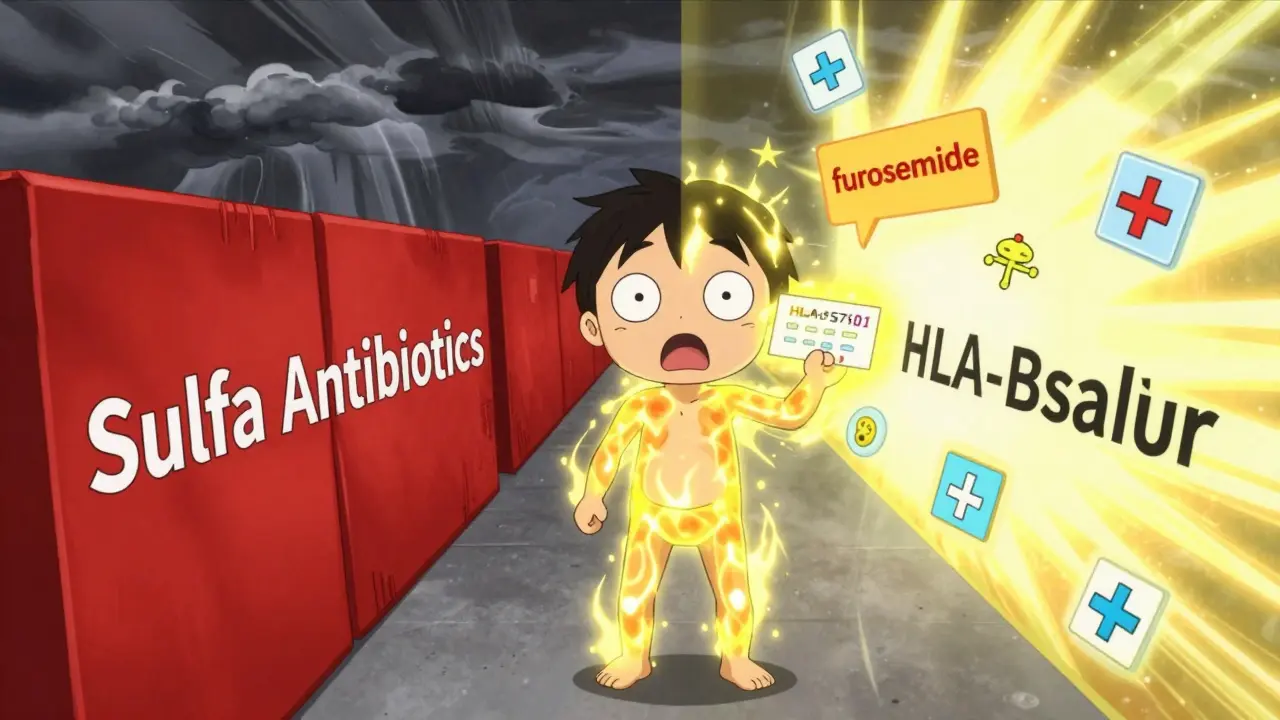 A patient faces two paths: one blocked by sulfa antibiotics, the other open with safe alternatives under sunlight.