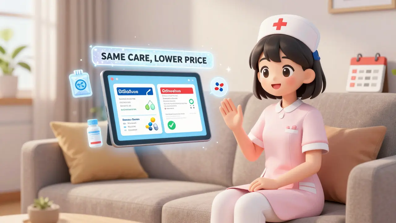 A patient receives a video call from a nurse explaining that generic and brand drugs offer the same care.