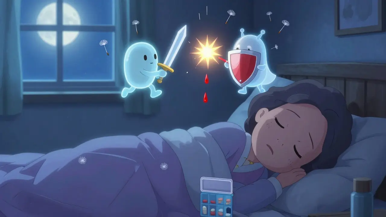 A sleeping elderly woman above whom tiny drug warriors battle in a glowing blood-drift anime scene.