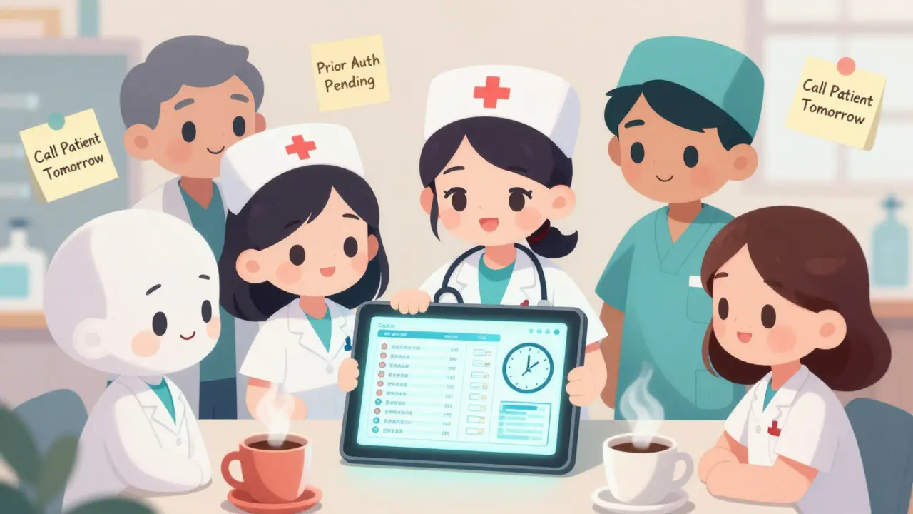 A team of healthcare workers monitor patient data on a glowing tablet in a cozy specialty pharmacy.