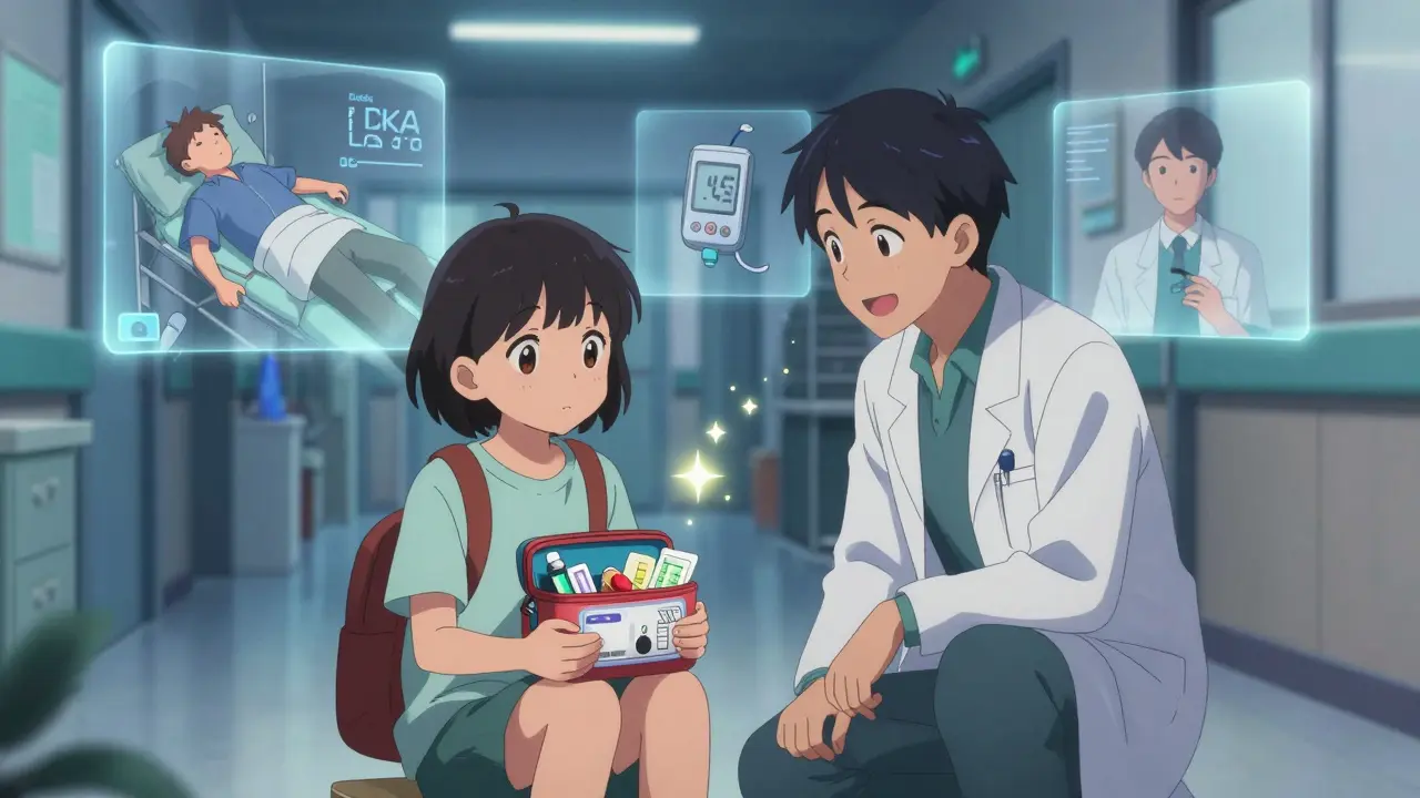 A teen holding a sick-day kit as a doctor comforts them, with glowing scenes of diabetes complications and safety beside them.