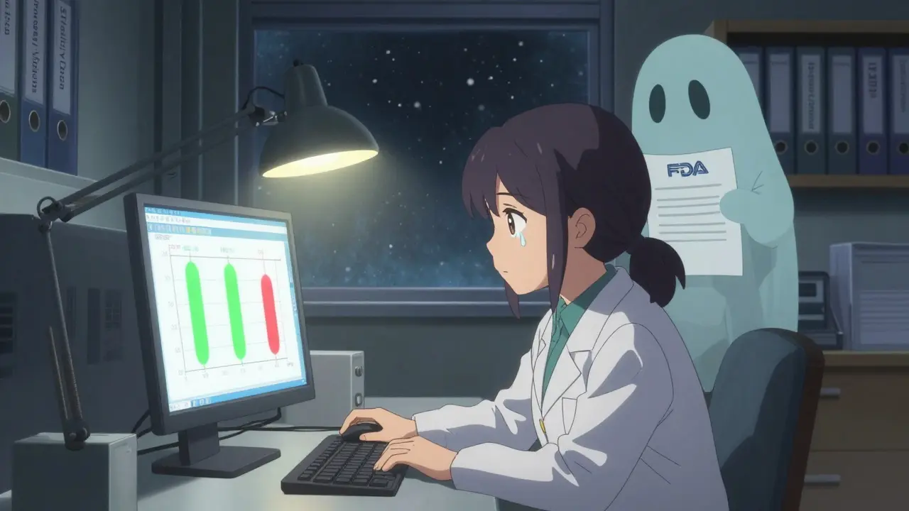 A tired regulatory specialist stares at batch comparison data, with a ghostly FDA warning letter floating behind her at night.