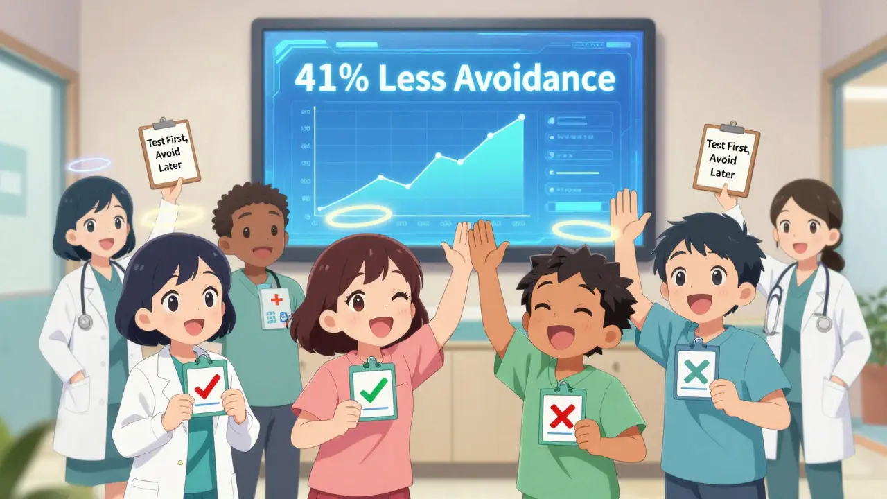 Diverse patients celebrate with personalized medical cards as AI displays reduced drug avoidance in a bright hospital hallway.