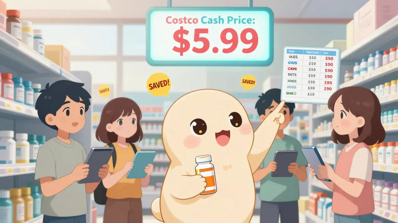 Diverse people in pharmacy comparing prices, with Costco's .99 price highlighted.