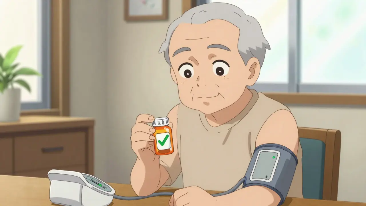 Elderly man smiling while taking safe medication at home
