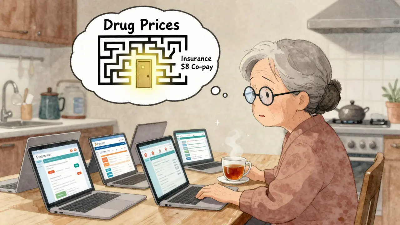 Elderly woman surrounded by screens, contemplating drug pricing options.