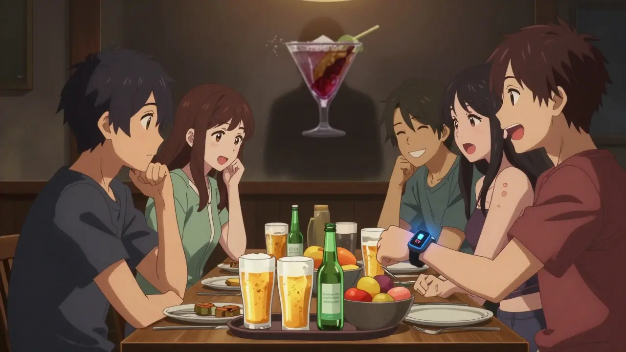 Group of friends enjoying light beers and seltzers at dinner, one with a CGM alert glowing softly on their wrist.