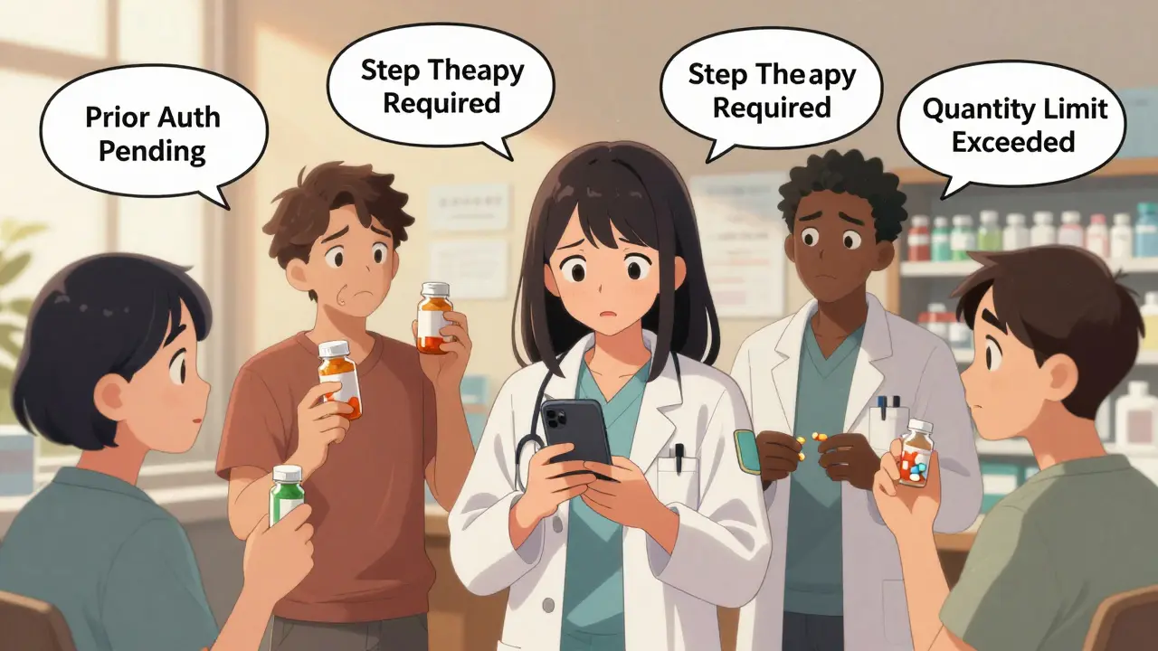 Patients in a doctor's office facing insurance barriers like prior authorization and drug substitution.