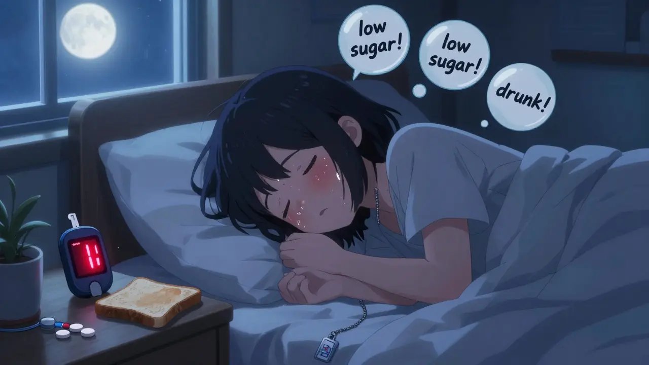 Sleeping person with a glucose monitor flashing red warning, glucose tablets and toast on nightstand in moonlit room.