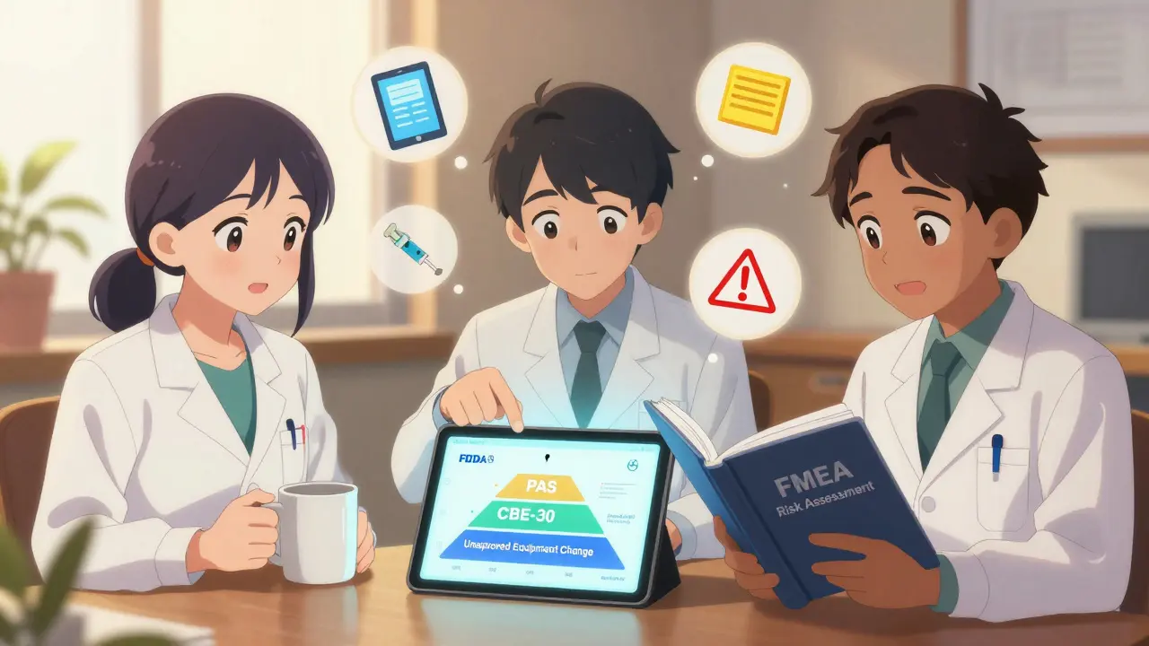 Three regulatory specialists review a 3-tier FDA change classification chart in a warm, softly lit meeting room.