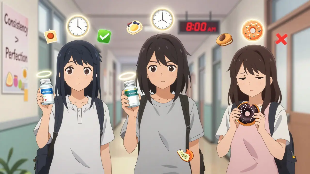 Three students with glowing medication bottles walk past one whose pill is darkened by food interference.