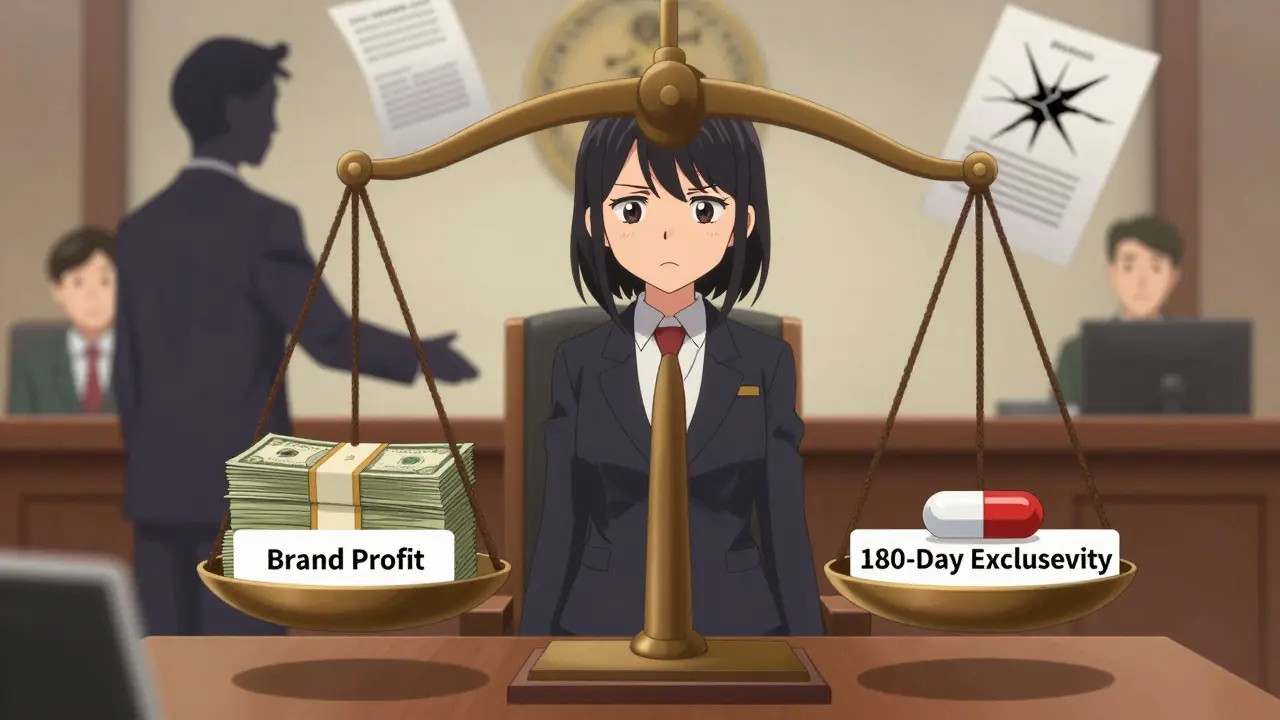 A courtroom scene with a scale balancing brand profits against generic exclusivity, legal documents floating nearby.