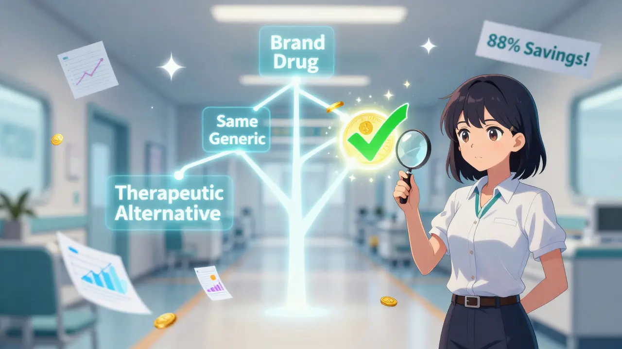 A glowing decision tree showing therapeutic substitution as the path to maximum savings in healthcare.